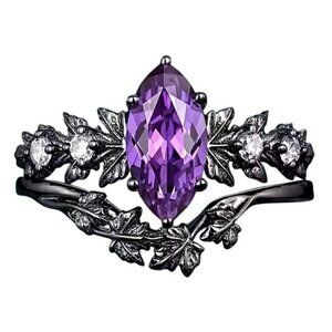 2 piece Marquise Cut Natural Amethyst Engagement Wedding Ring Set in Rhodium